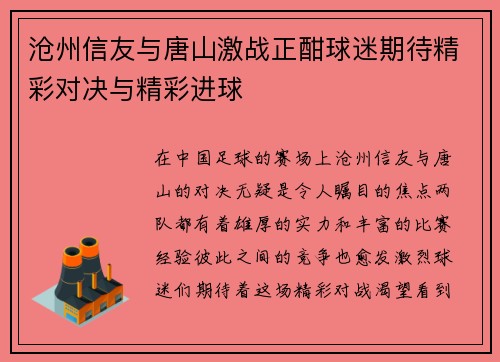 沧州信友与唐山激战正酣球迷期待精彩对决与精彩进球